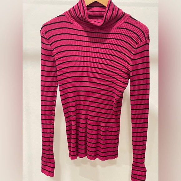 Striped Pink and Black Turtleneck Sweater stretch large Preppy academia office - Picture 1 of 7
